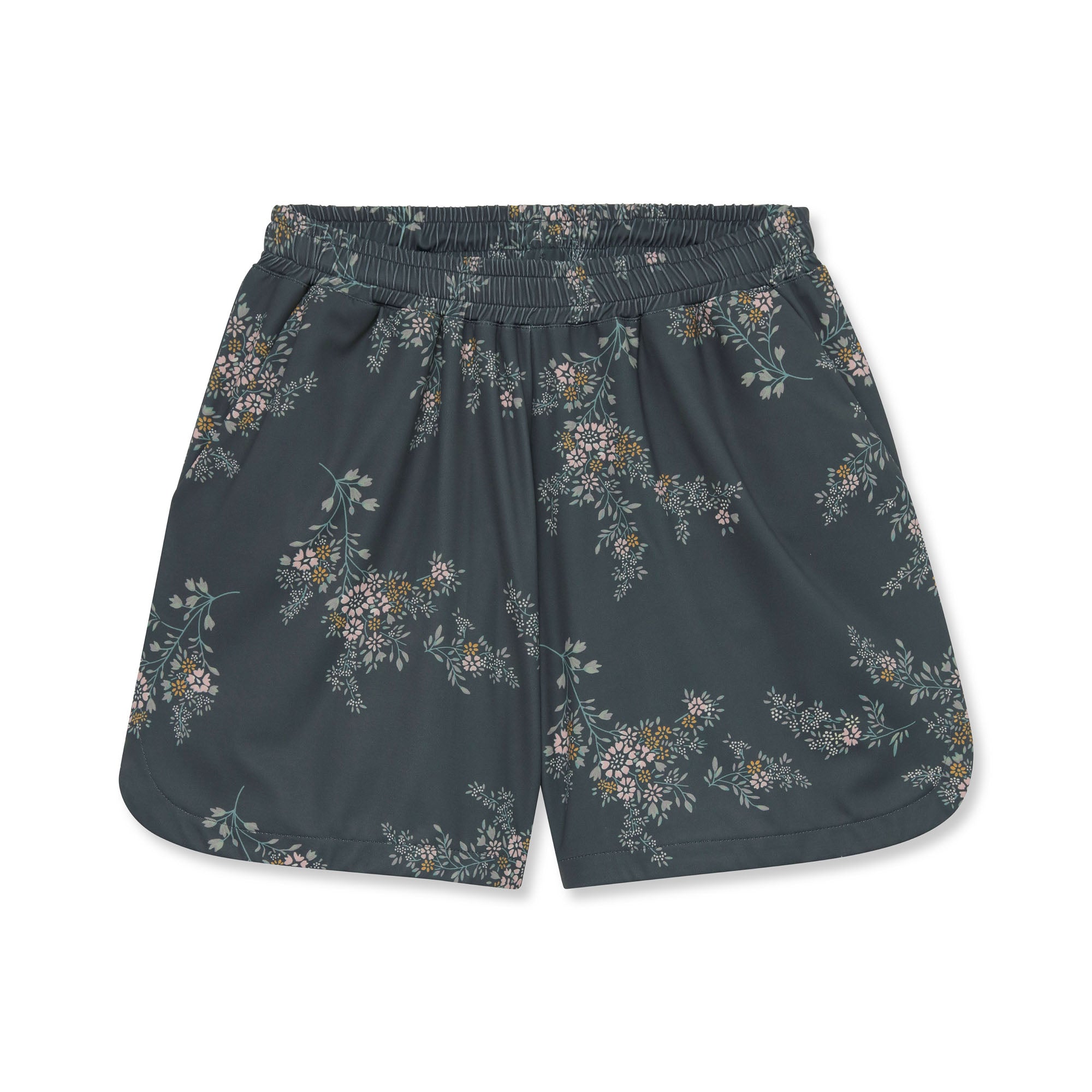 Floral-patterned shorts on a white background