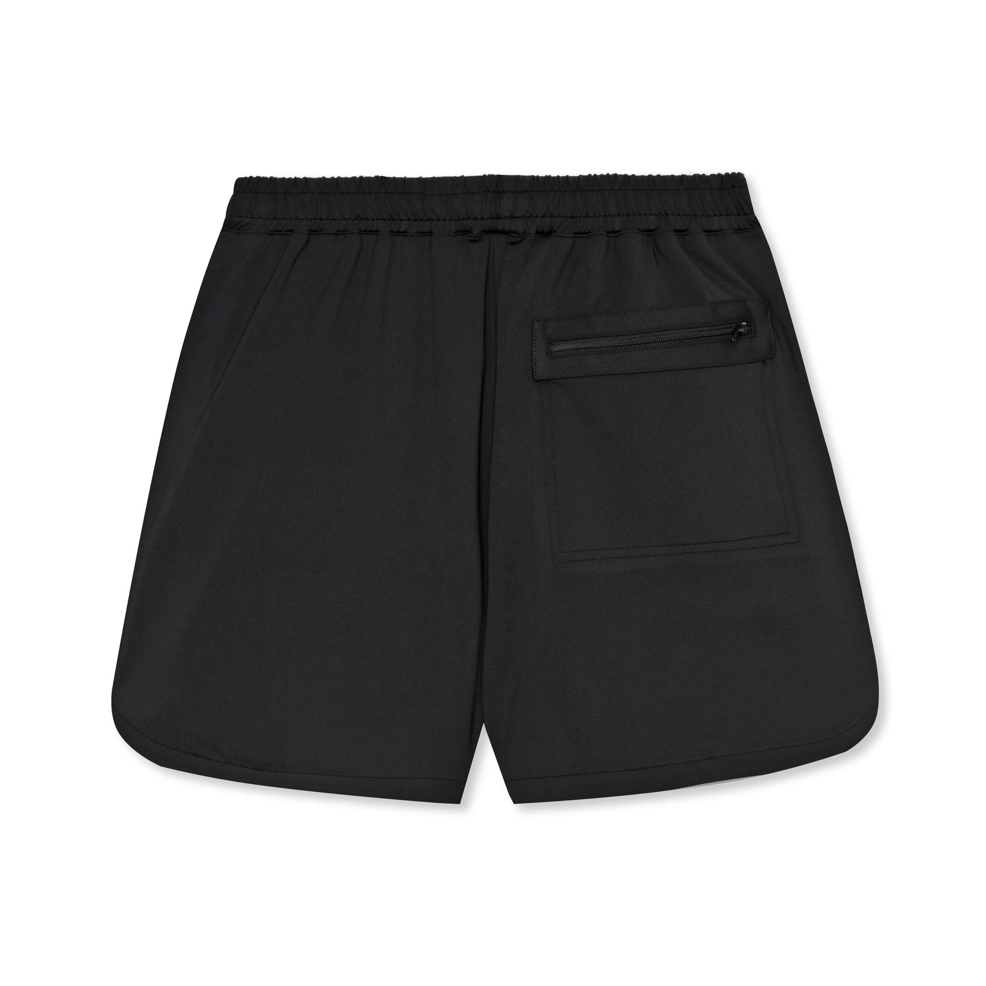 Back of black shorts with a pocket on a white background.