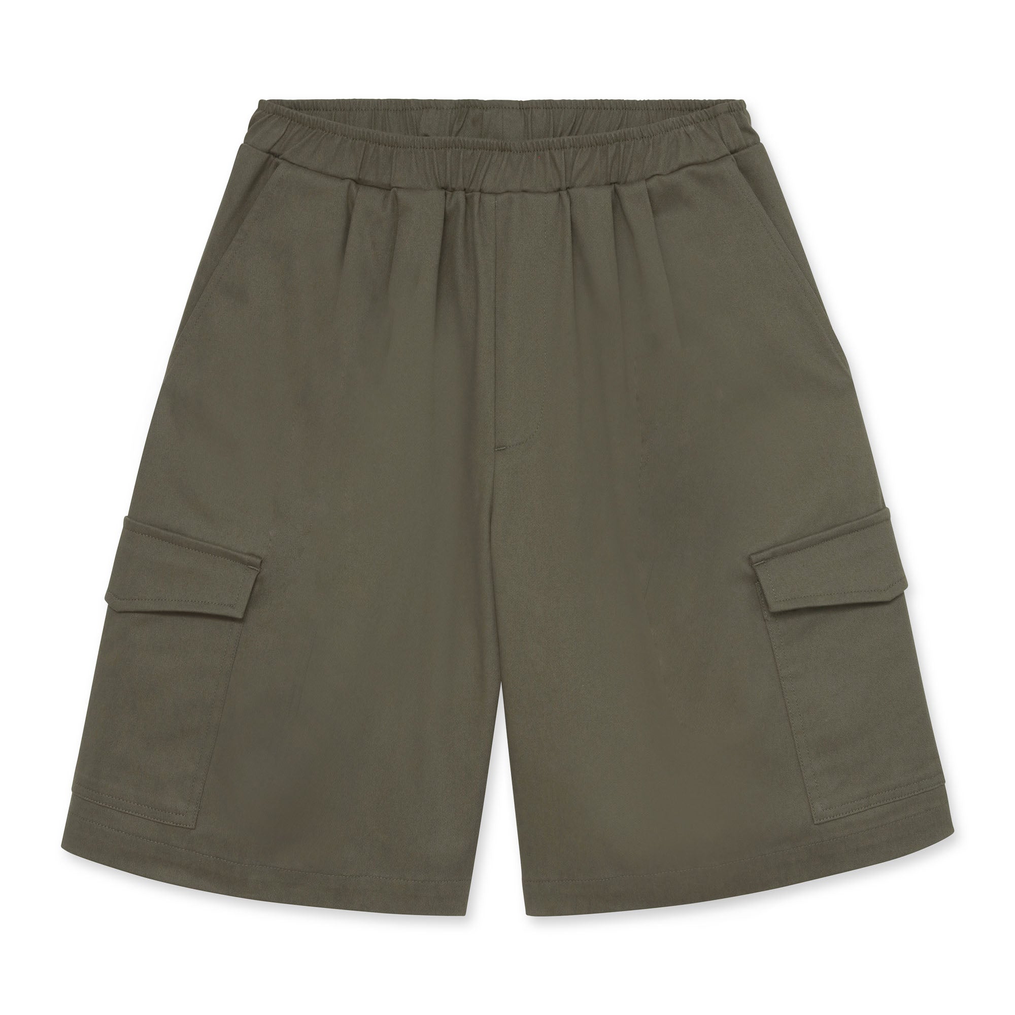 Olive green Bermuda shorts on a white background