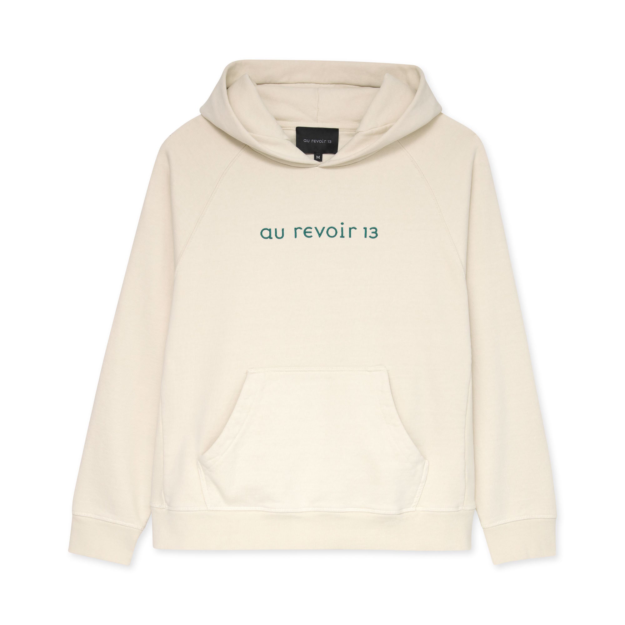 Cream hoodie with 'au revoir 13' text in green on a white background