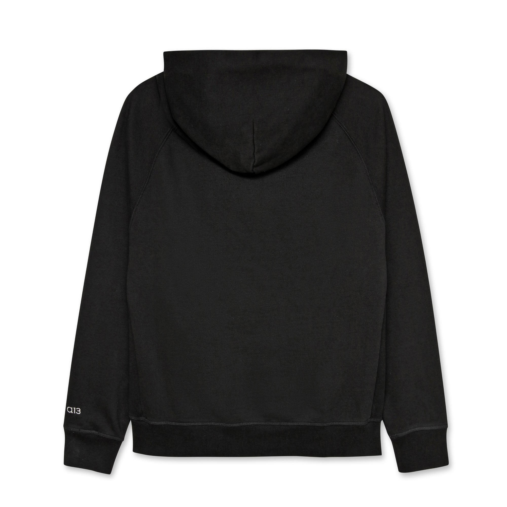 Black hoodie with a brand logo on the back against a white background