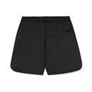Back of black shorts with a pocket on a white background.