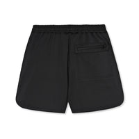 Back of black shorts with a pocket on a white background.