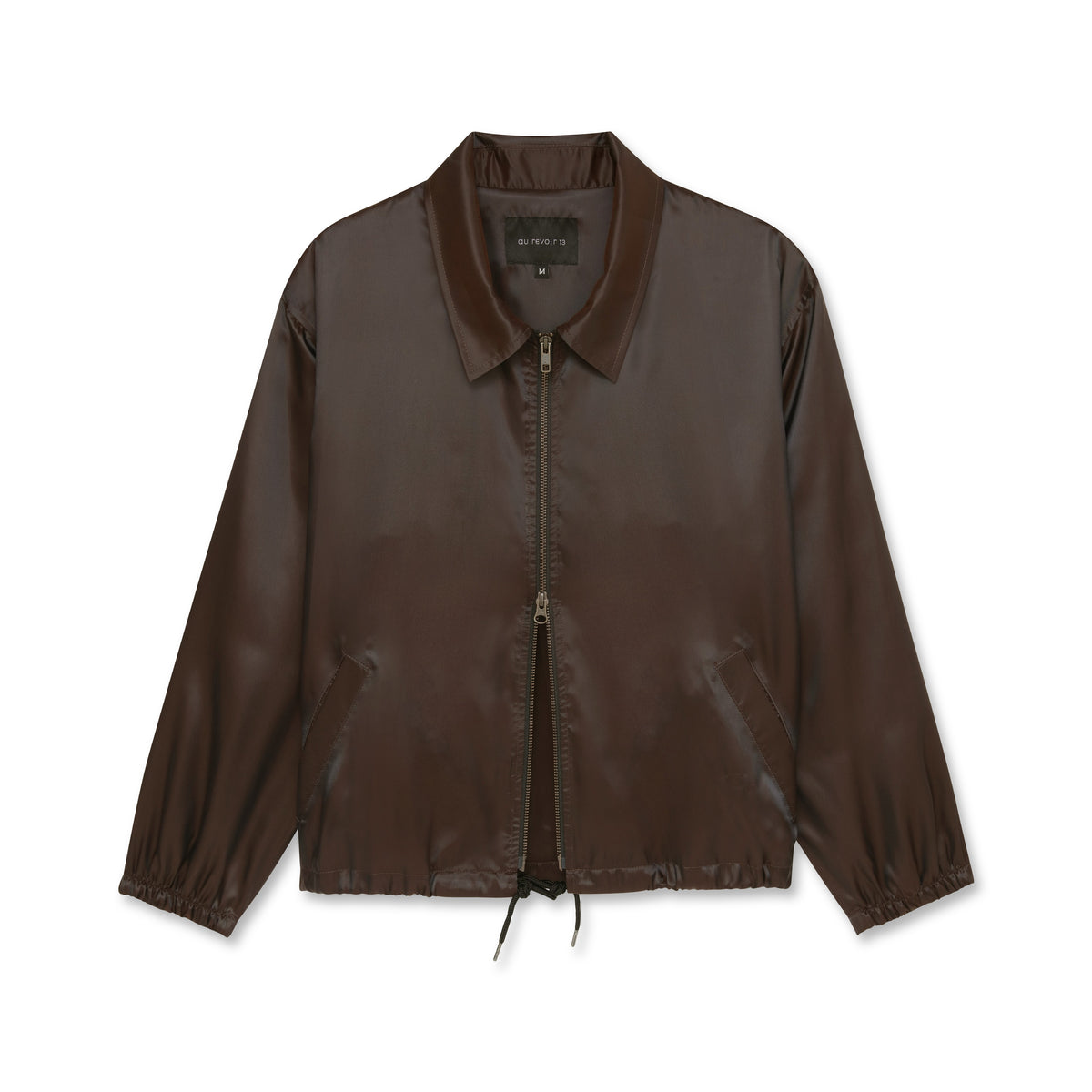 Iridescent copper jacket with double zippers and black drawstrings, displayed on a white background.