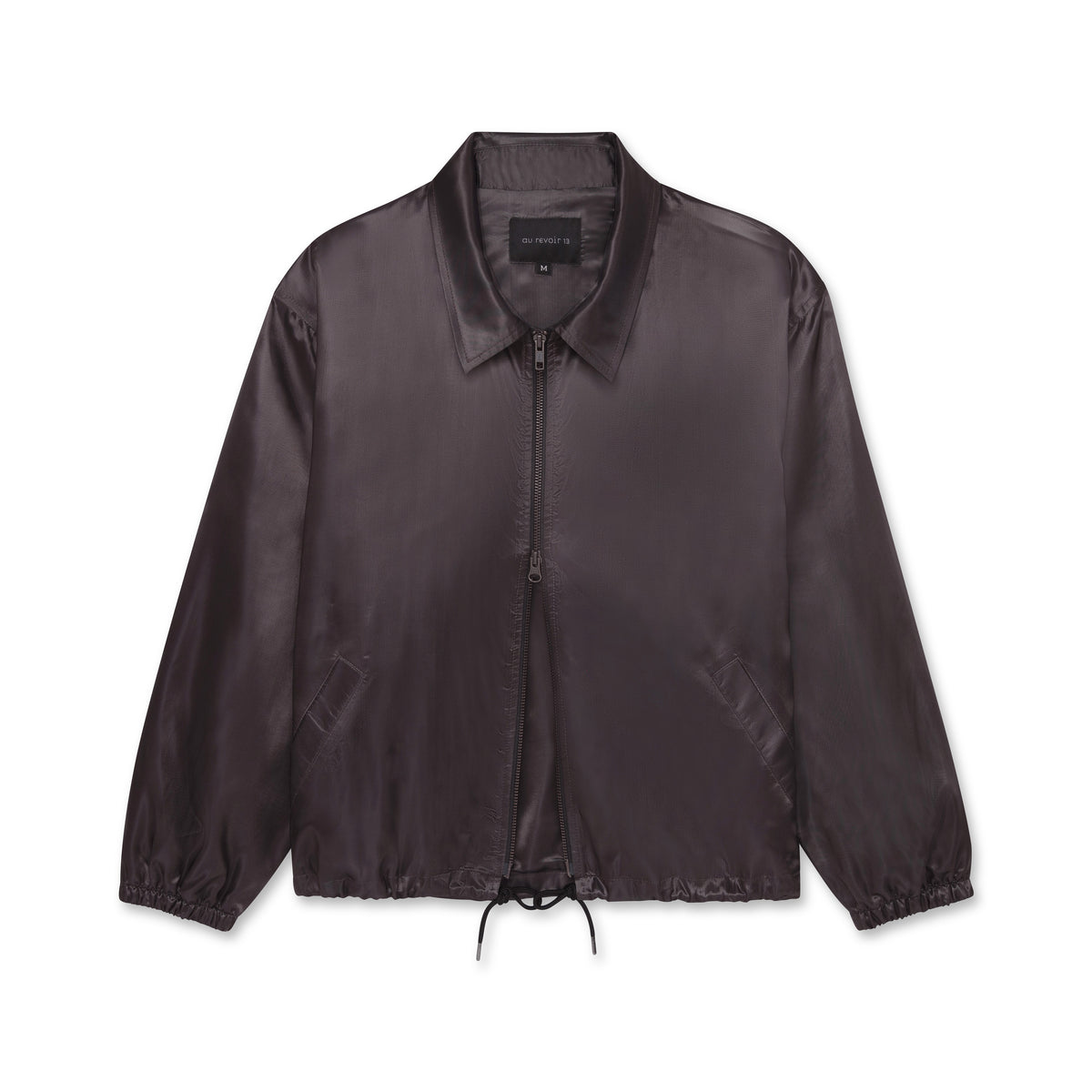 Iridescent purple jacket with double zippers and an adjustable black drawstring, displayed against a white background.
