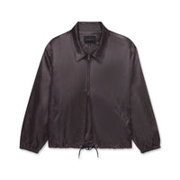 Iridescent purple jacket with double zippers and an adjustable black drawstring, displayed against a white background.