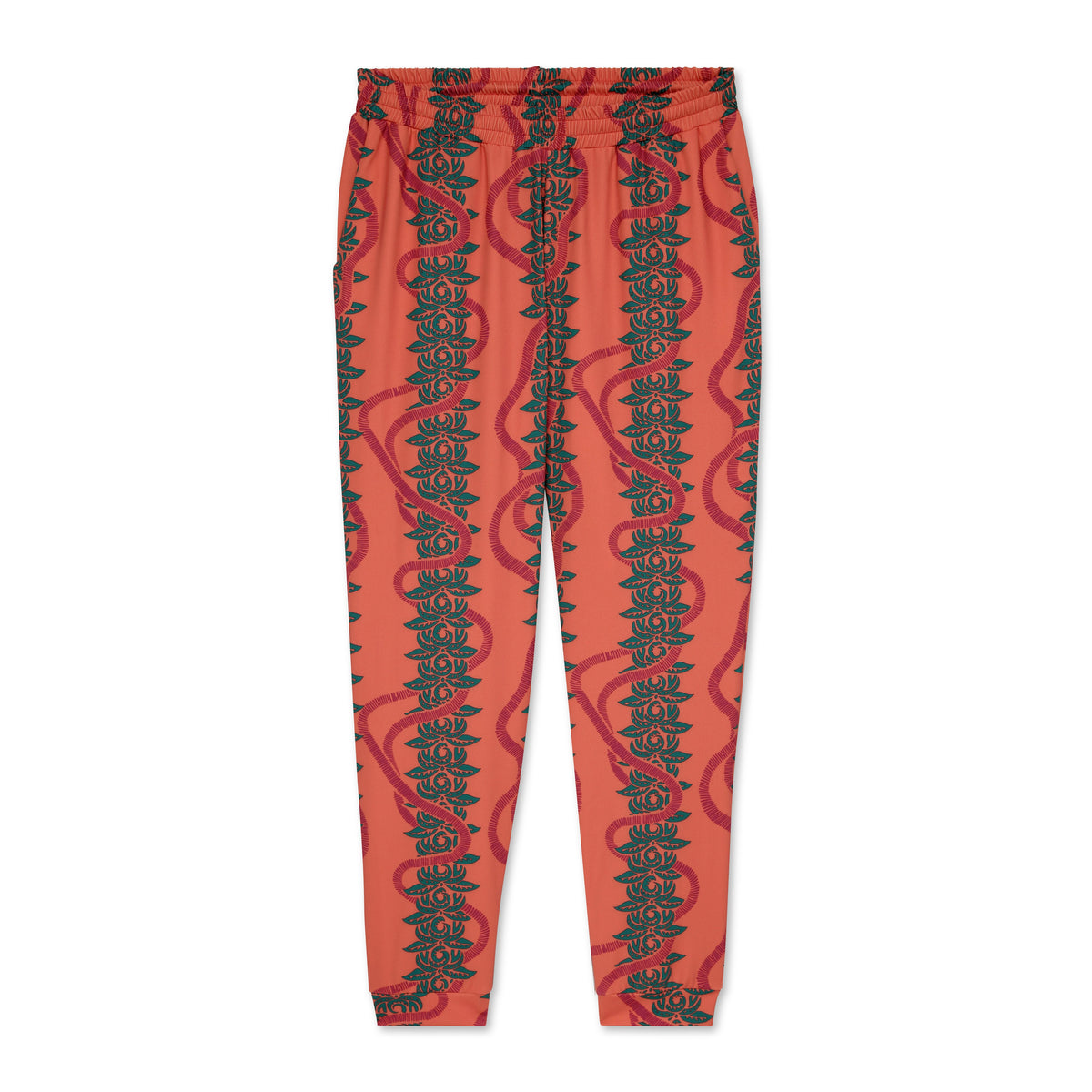 Pink jogger pants with green leaf pattern on a white background