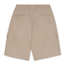 “Back view of khaki shorts featuring two back pockets and side pockets, shown against a white background.