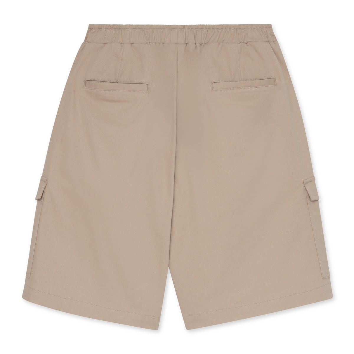 Back view of khaki shorts featuring two back pockets and side pockets, shown against a white background.