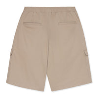 “Back view of khaki shorts featuring two back pockets and side pockets, shown against a white background.