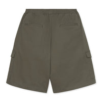 Olive green Bermuda shorts on a white background