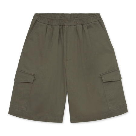 Olive green Bermuda shorts on a white background