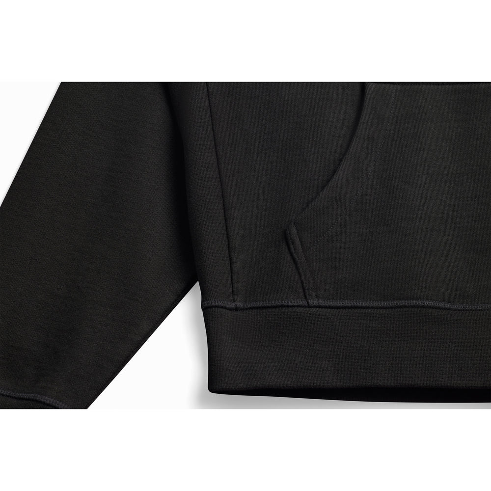 Bottom of body and arm ribbing details on a black hoodie.
