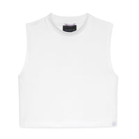 White cropped tank top with a13 brand label on a white background