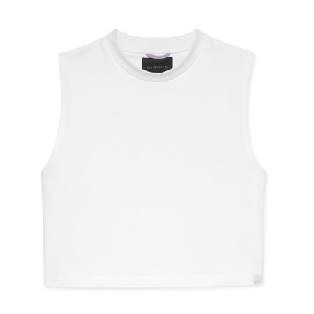 White cropped tank top with a13 brand label on a white background