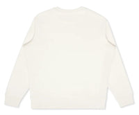 Backside of a natural, off-white colored crewneck sweater.