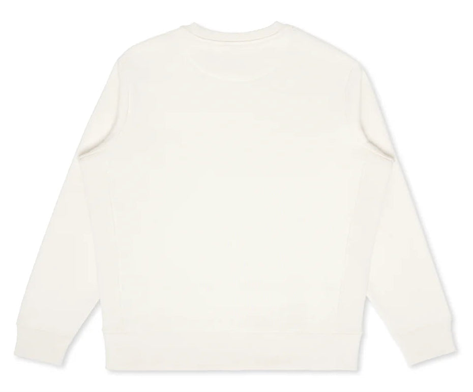Backside of a natural, off-white colored crewneck sweater.