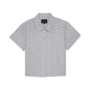 Short-sleeve button-down shirt with a subtle white leaf pattern on a white background.