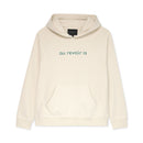 Cream hoodie with 'au revoir 13' text in green on a white background