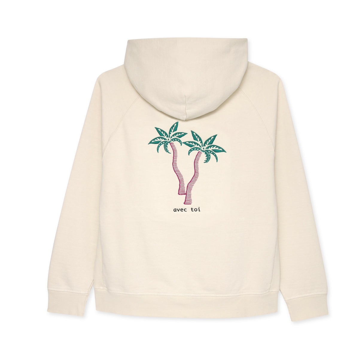 Cream hoodie with two palm trees design on the back against a white background