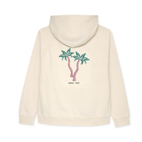 Cream hoodie with two palm trees design on the back against a white background