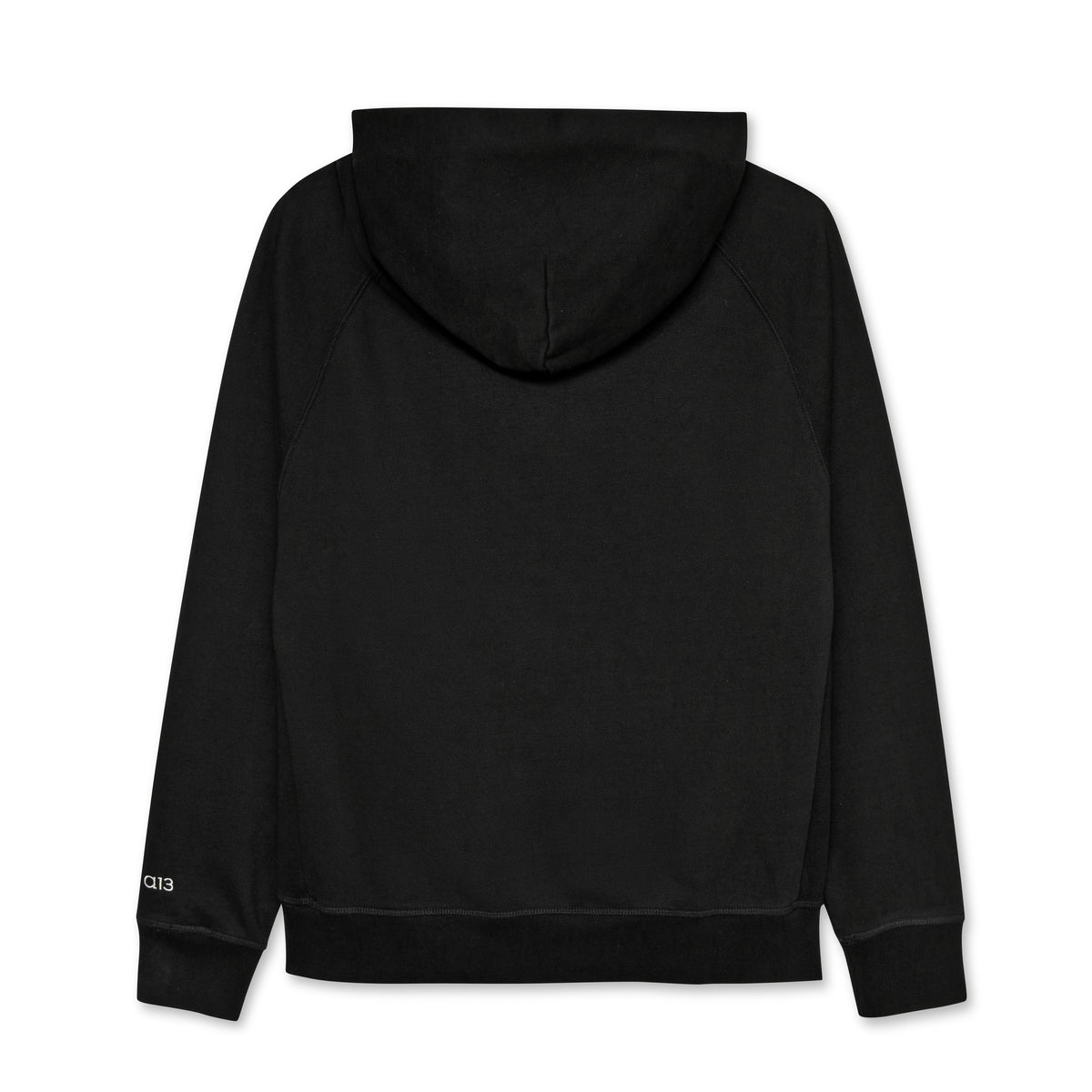 Black hoodie with a brand logo on the back against a white background