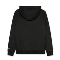 Black hoodie with a brand logo on the back against a white background