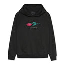 Black hoodie with embroidered rose on a white background