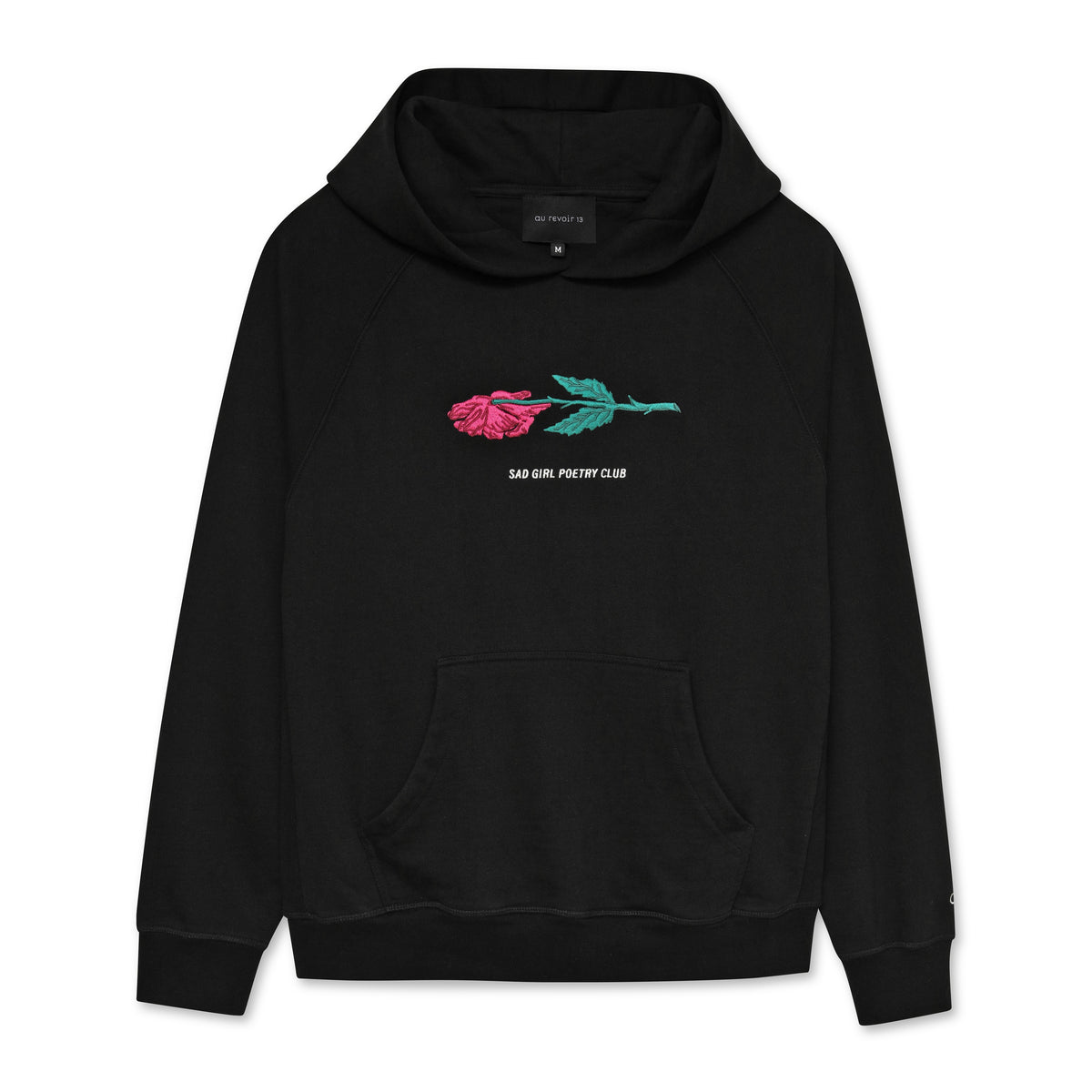 Black hoodie with embroidered rose on a white background
